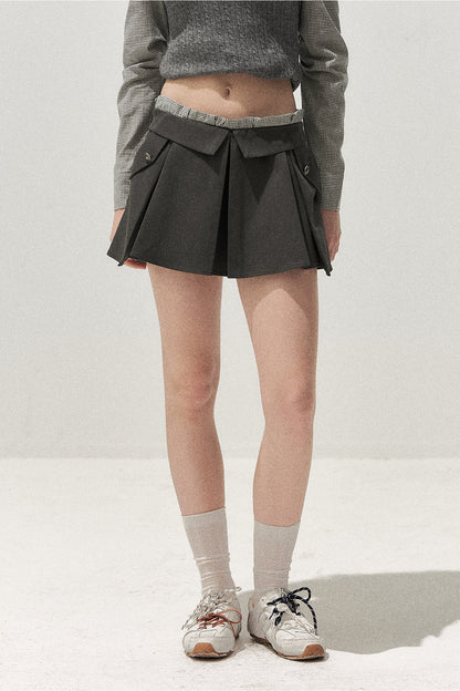 Double Waistband Gray Pleated Skirt