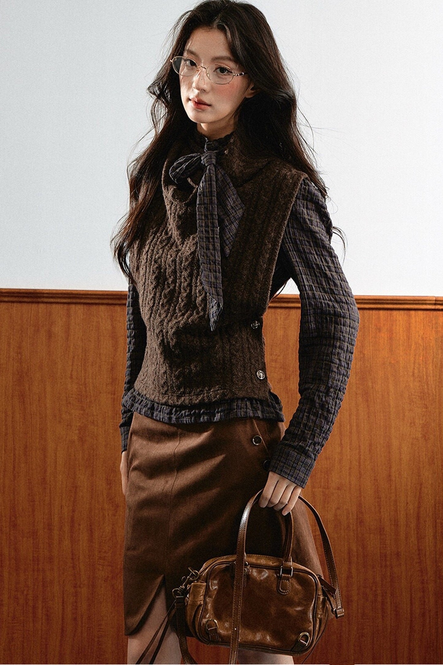 Retro Plaid Ribbon Top and Suede Skirt Set-Up