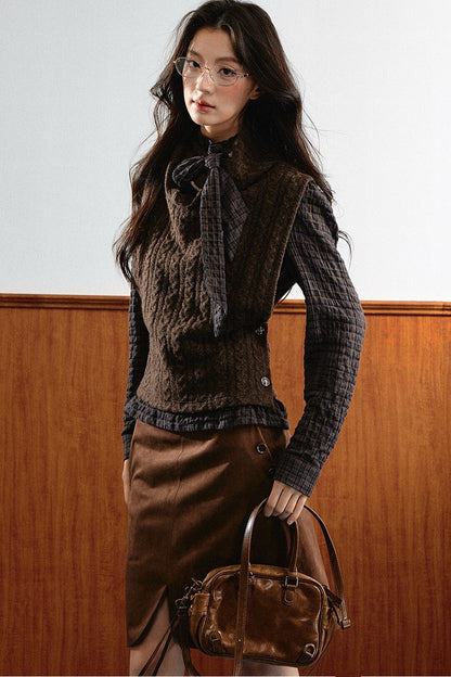 Retro Plaid Ribbon Top and Suede Skirt Set-Up