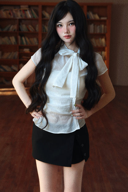 Slightly Sheer Waist-Cinching Cap Sleeve Shirt and Tube Top Set