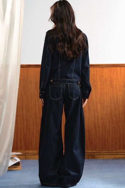 Round-Neck Gold Button Denim Jacket and Pants Set-Up