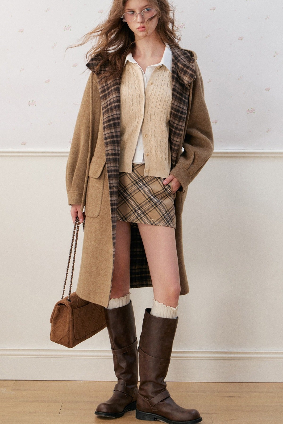 Wool Blend Spliced Shirt Cable Knit Cardigan
