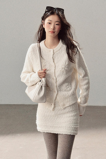 French Mercerized Wool Crochet Floral Cardigan and Skirt Set-Up