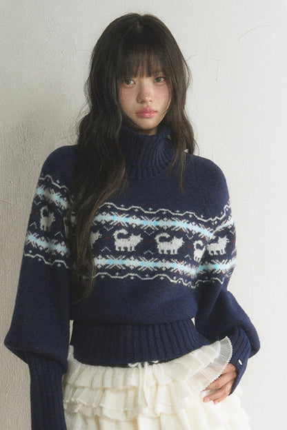 Fair Isle Cat Turtleneck Sweater