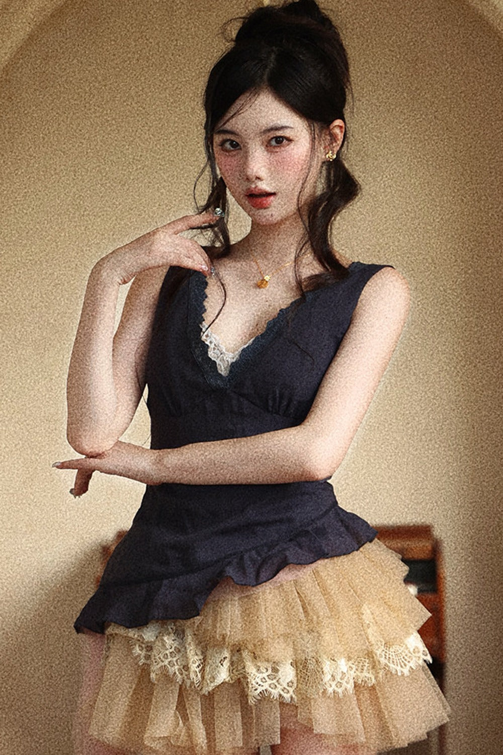 Navy Blue Lace V-Neck Ruffle Hem Camisole Set-Up