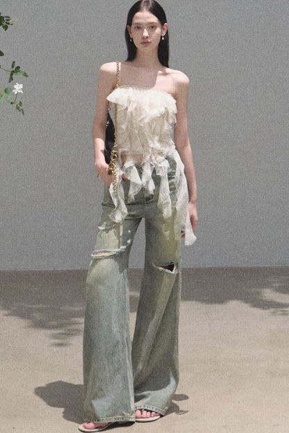 Vintage Distressed Ripped Denim Long Pants