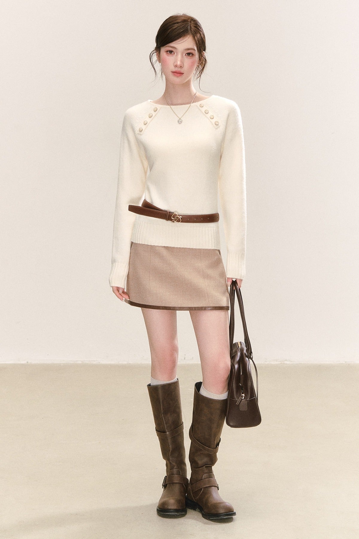 Diagonal Button Round Neck Knit Sweater