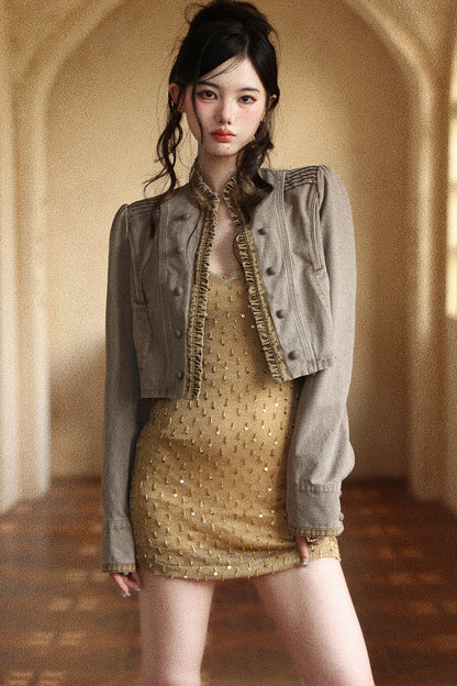 Vintage Patchwork Ruffled Placket Short Jacket