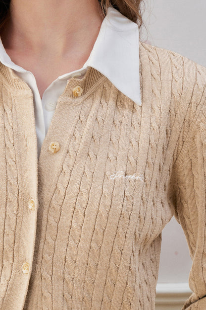 Wool Blend Spliced Shirt Cable Knit Cardigan