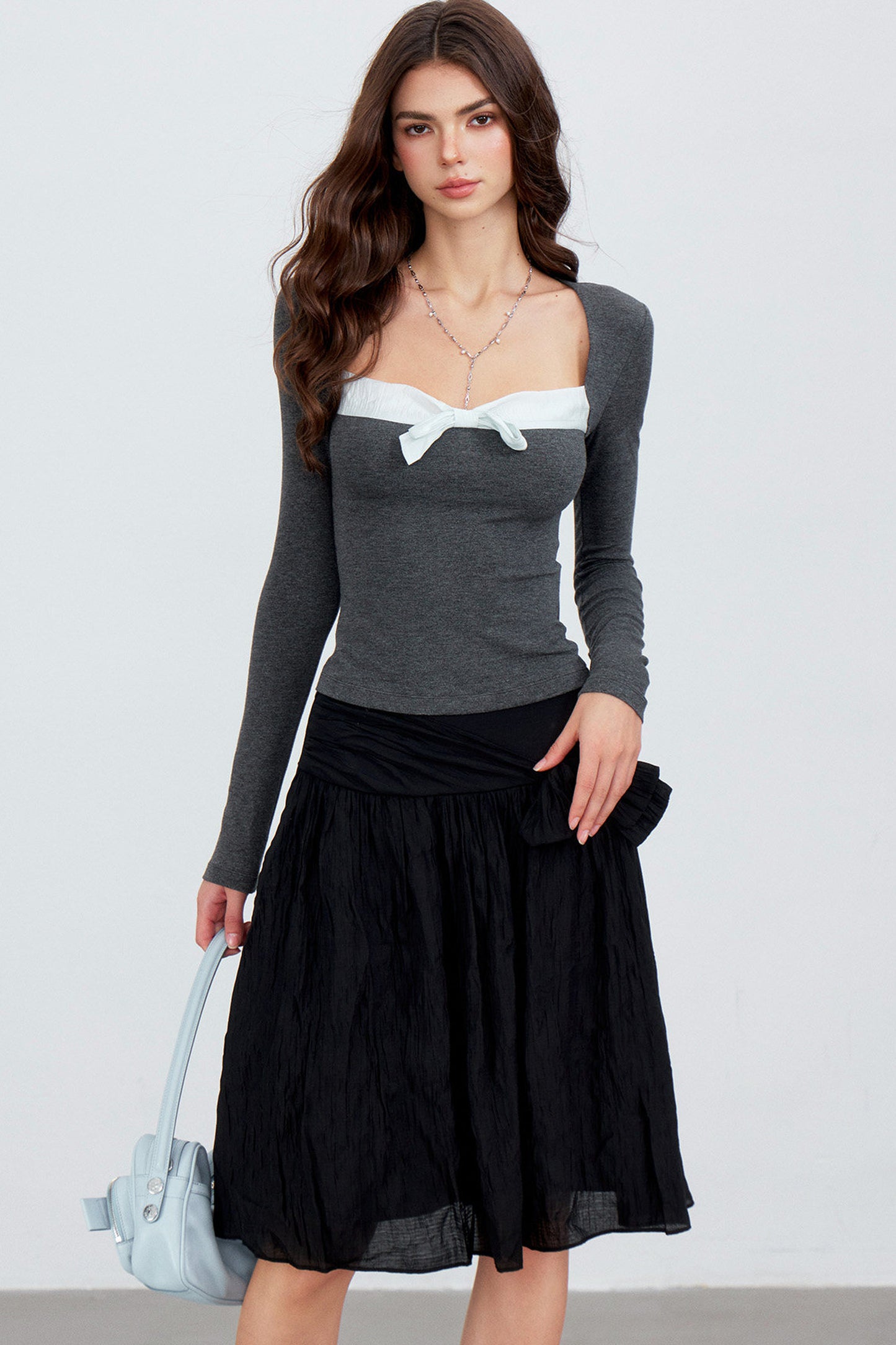 Contrast Bow Square Neck Long-Sleeve Top