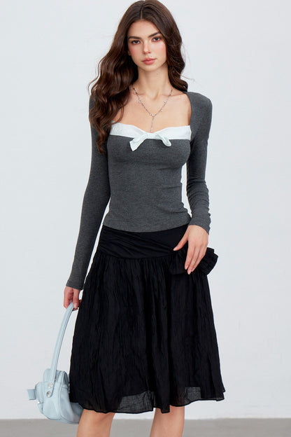 Contrast Bow Square Neck Long-Sleeve Top