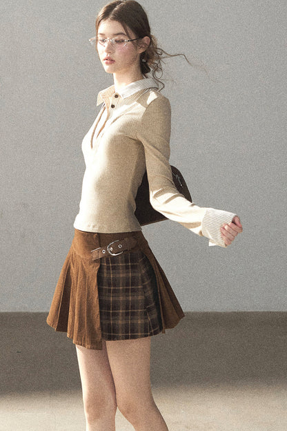 Layered-Look Polo Collar Striped Knit T-Shirt