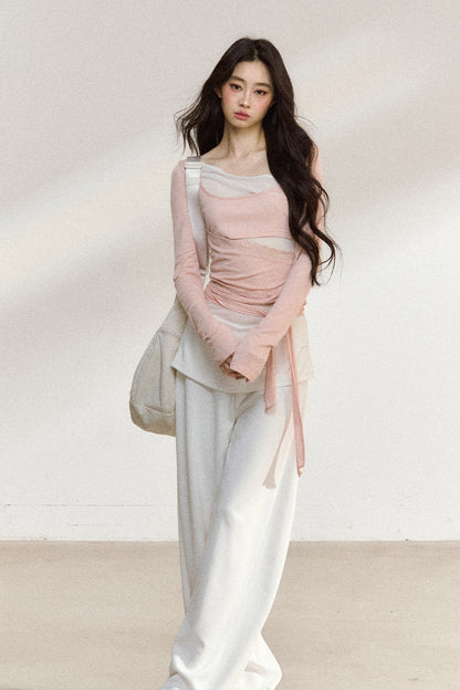 White Waistband Straight-Leg Pants