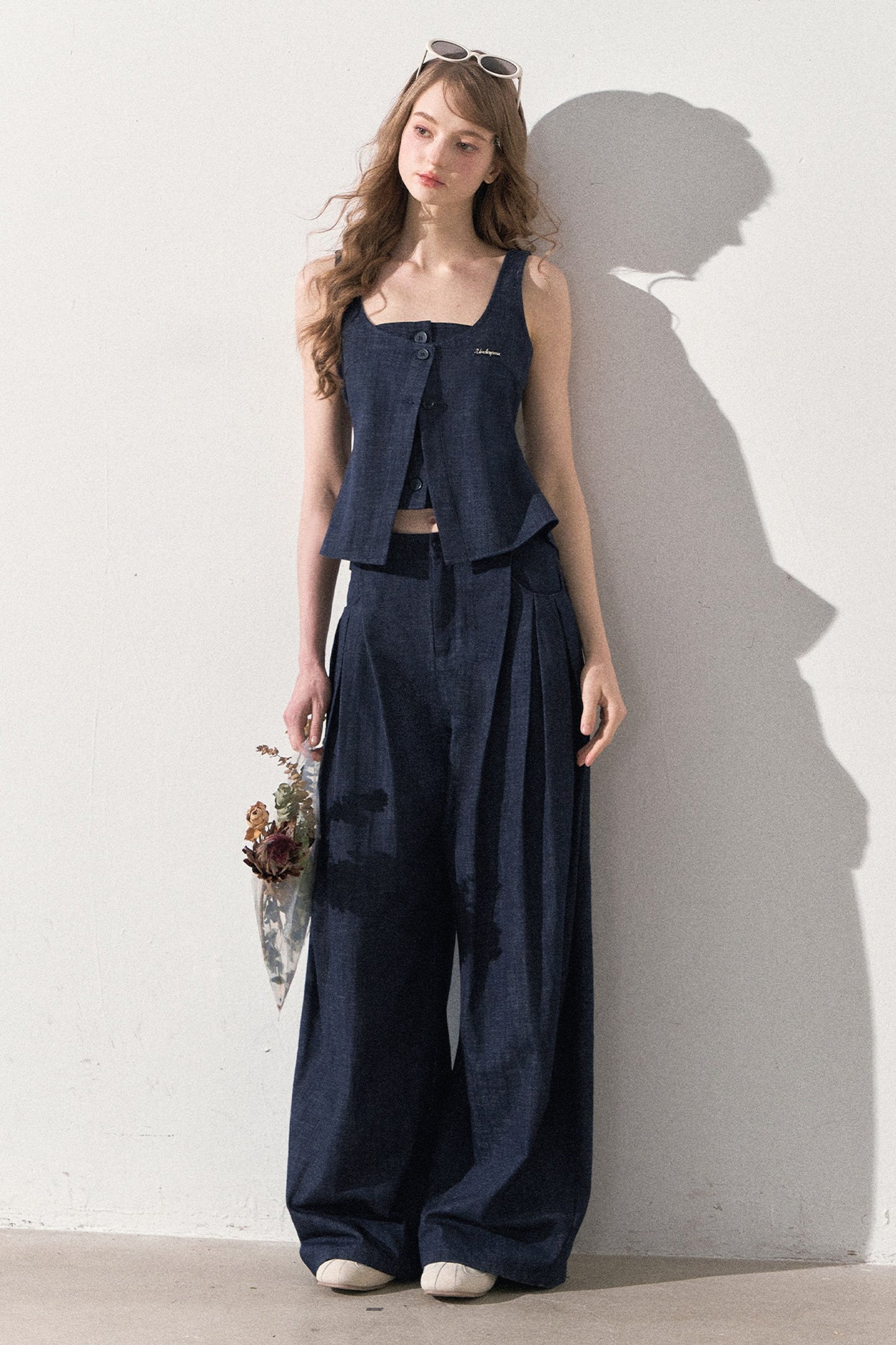 Layered-Look Faux Denim Vest and Wide Leg Pants Set-Up