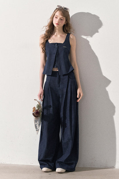 Layered-Look Faux Denim Vest and Wide Leg Pants Set-Up