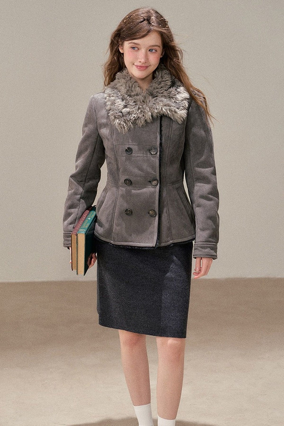 Double-Breasted Fur Collar Jacket