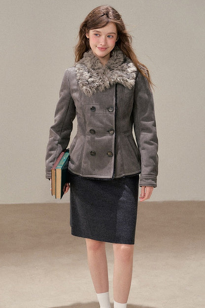 Double-Breasted Fur Collar Jacket