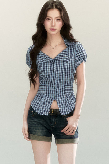 Plaid Waist-Cinching Short-Sleeved Shirt