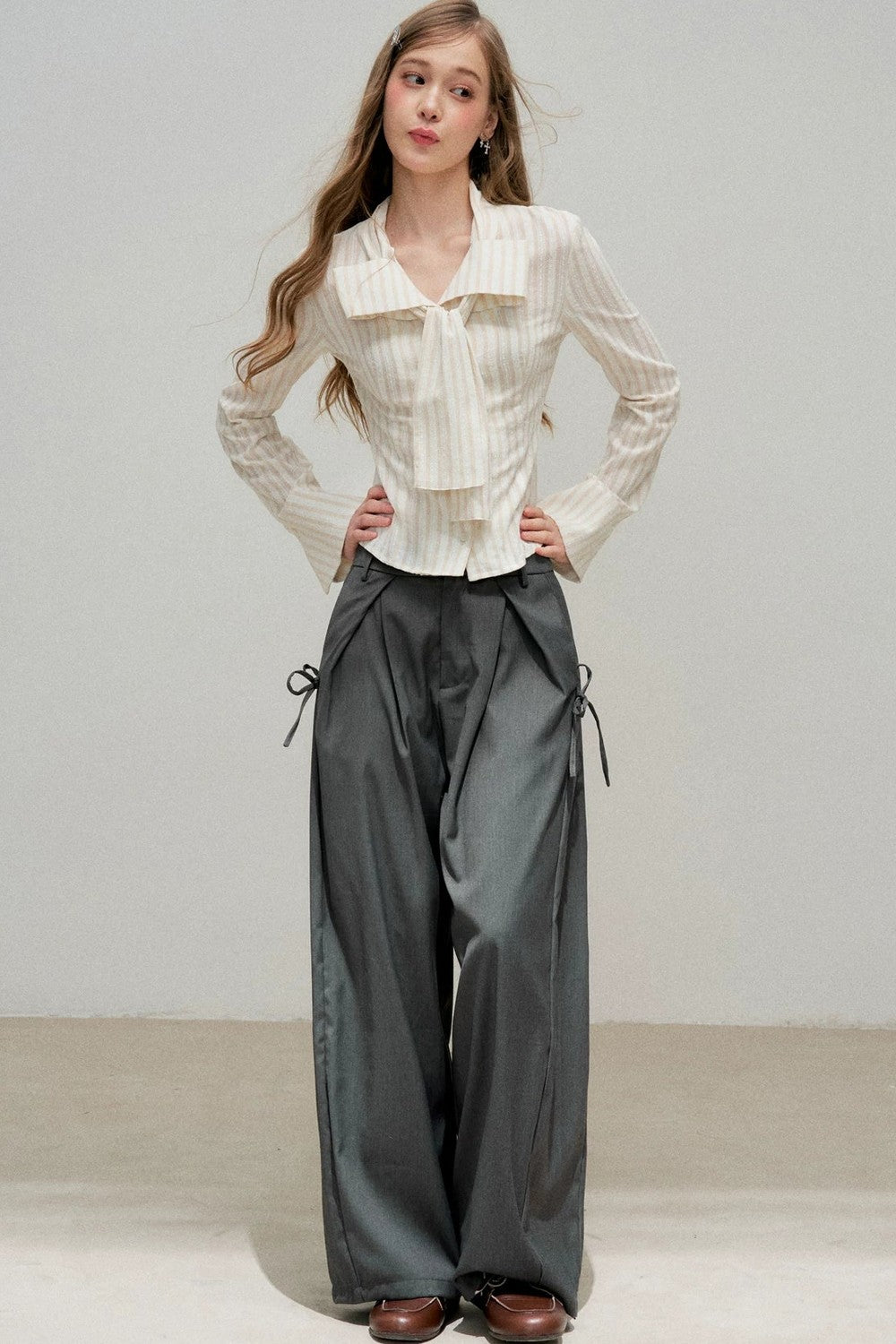 Three-Dimensional Bow Striped Blouse