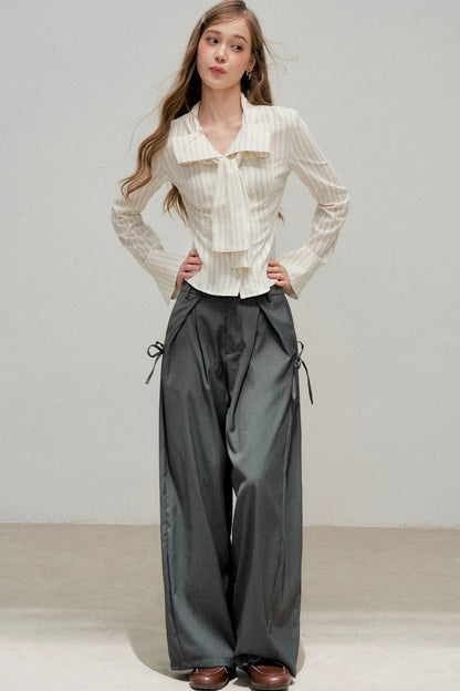Three-Dimensional Bow Striped Blouse