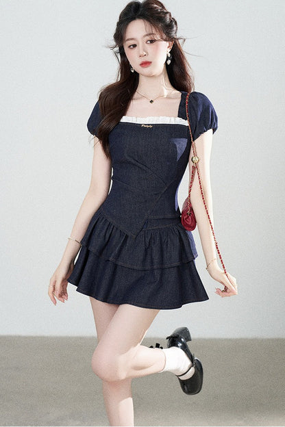 Denim Puff Sleeve Top And Skirt Set