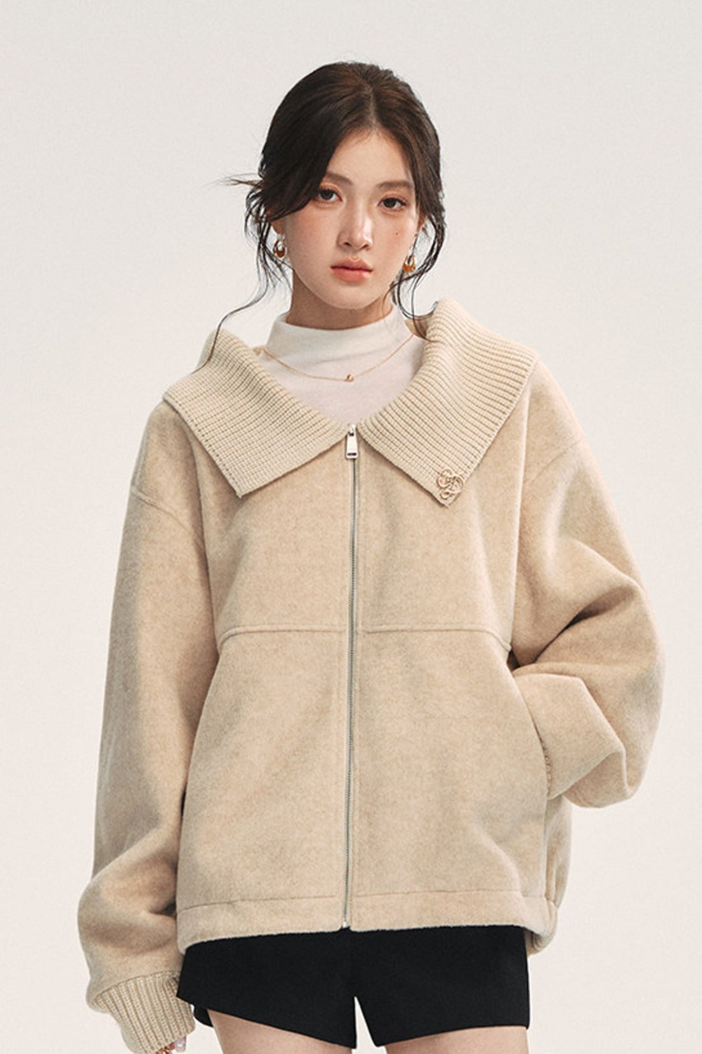 Knitted Large Lapel Patchwork Woolen Jacket