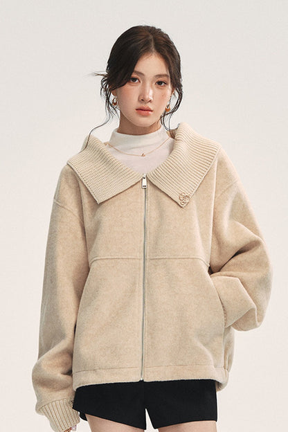 Knitted Large Lapel Patchwork Woolen Jacket