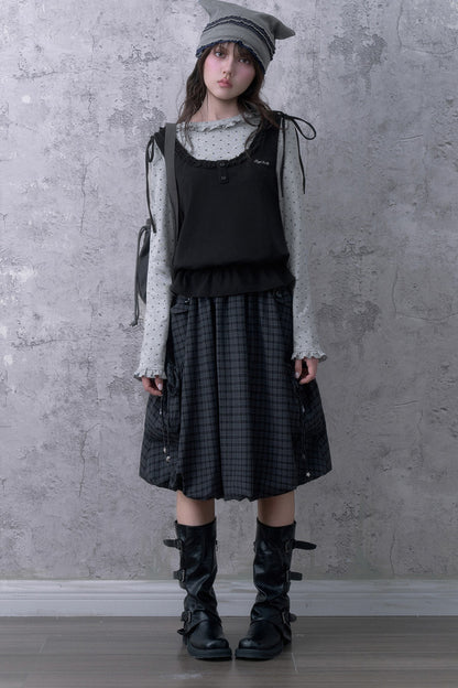 Black Gray Plaid Mid-Length Skirt Set-Up
