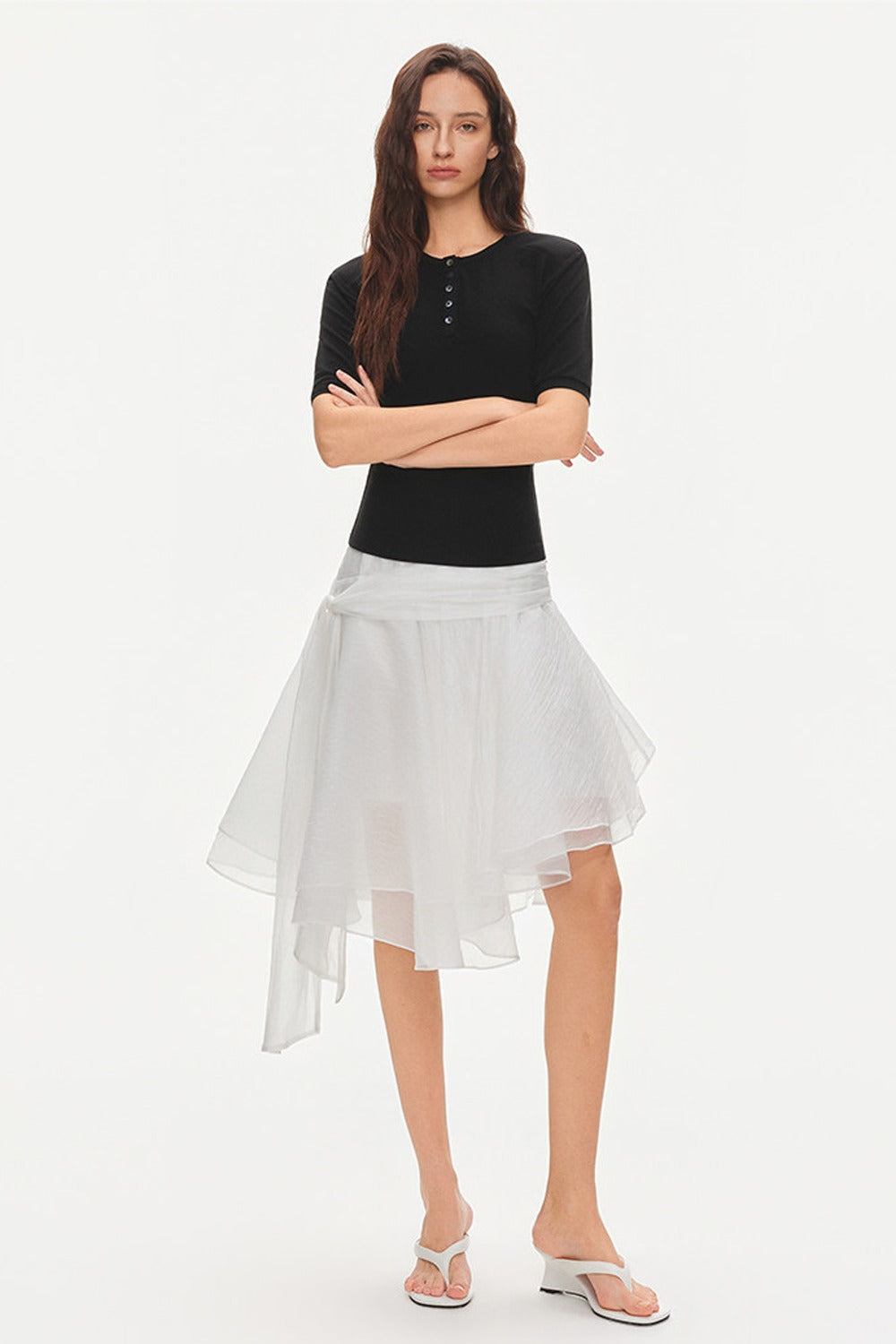 Asymmetrical Tie Waist Sheer Midi Skirt