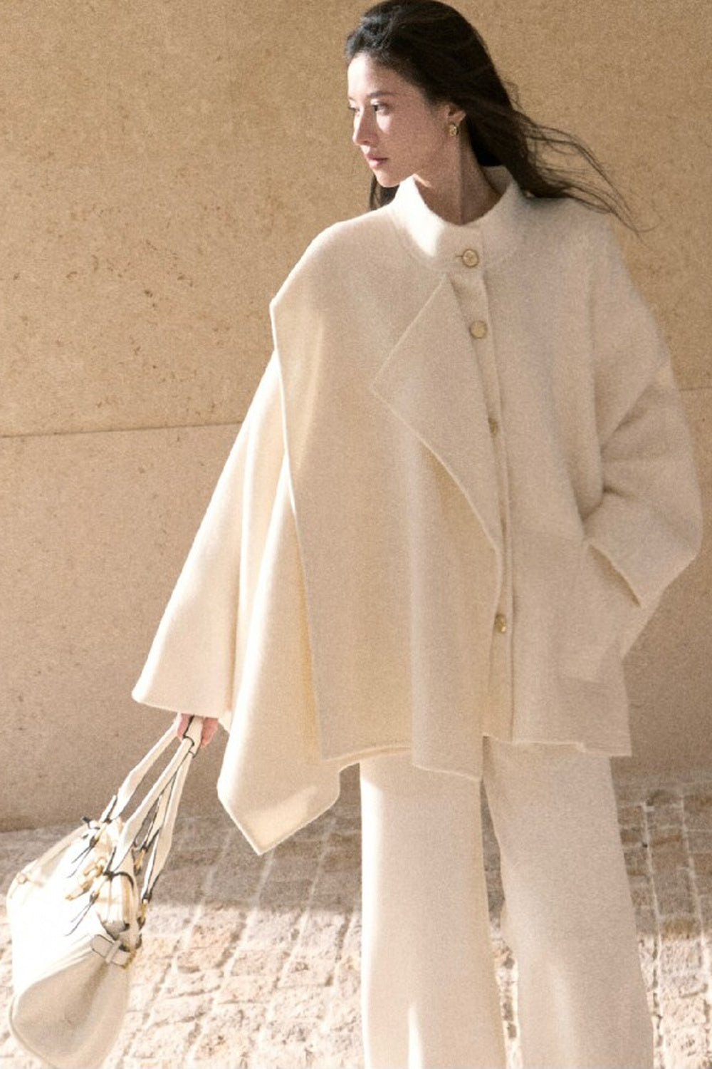 Mid-Length Double-Sided Wool Wrap Cape