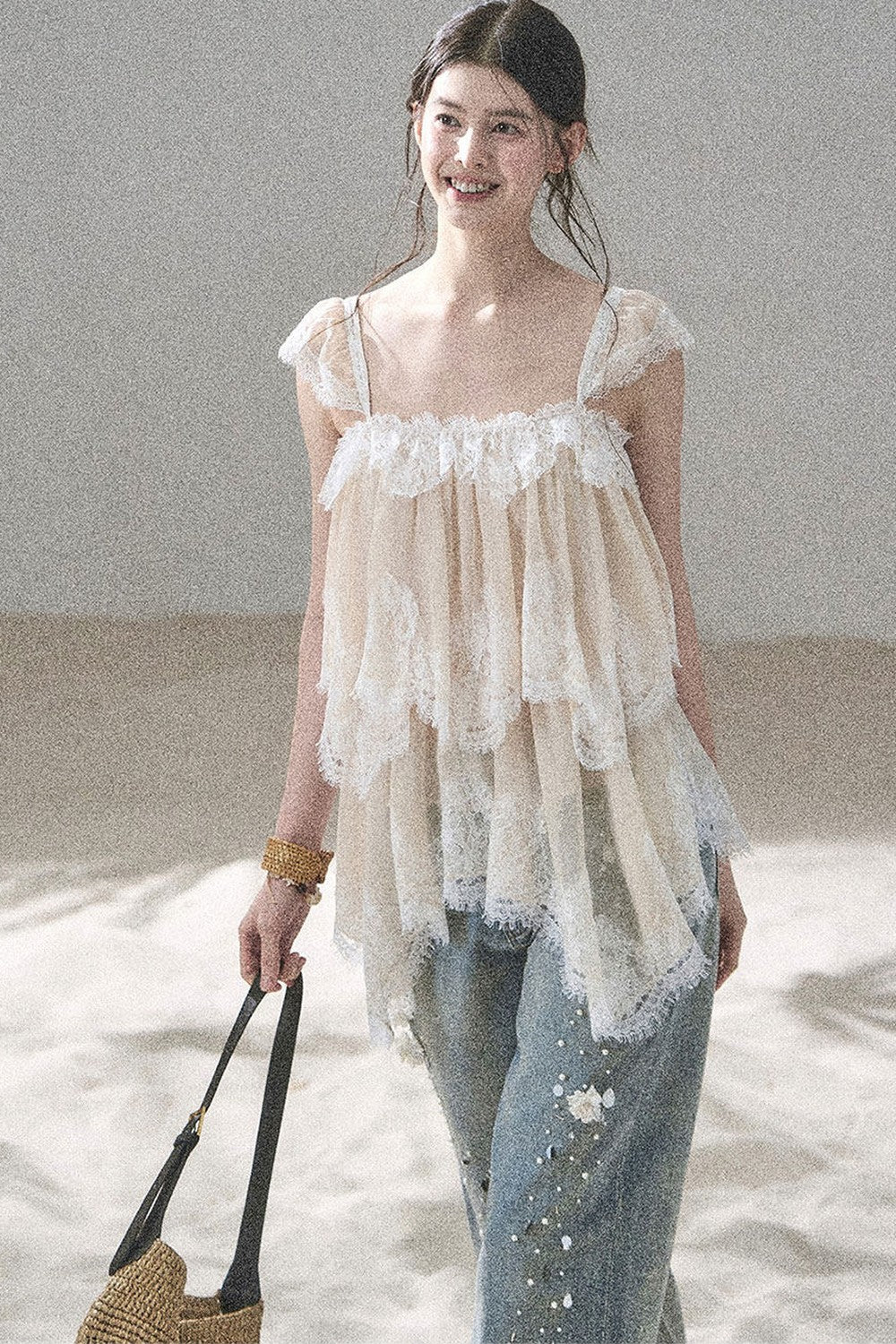 Asymmetric French Lace Mesh Top Set