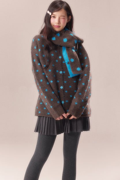 Polka Dot Scarf Knit Cardigan