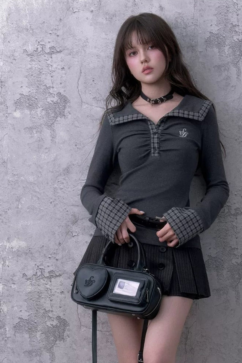 Gray Large Lapel Ruched Patchwork Blouse