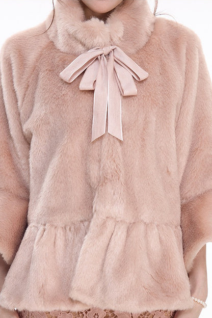 Pink Stand Collar Bow Fur Cape Coat and Midi Skirt Set-Up