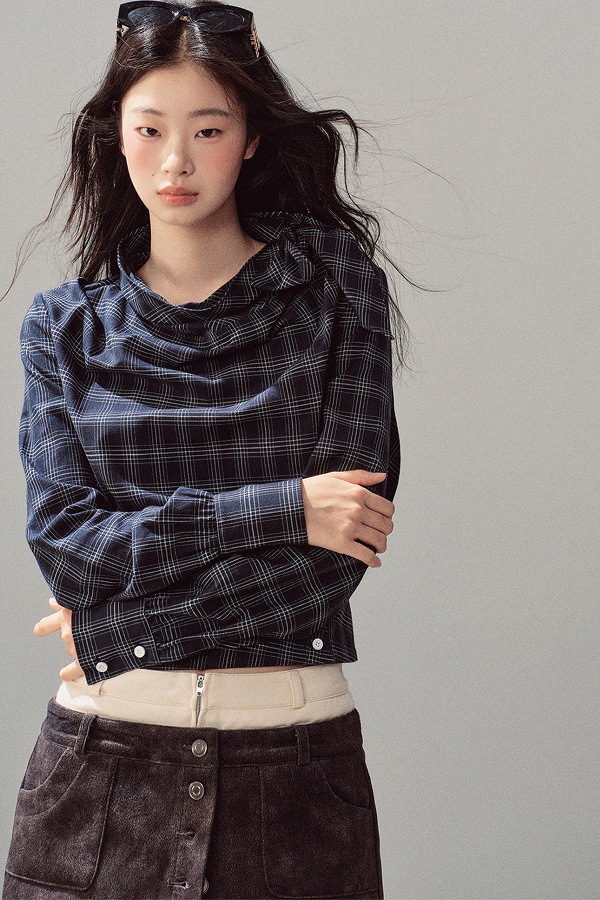 Plaid Cowl Neck Shirt