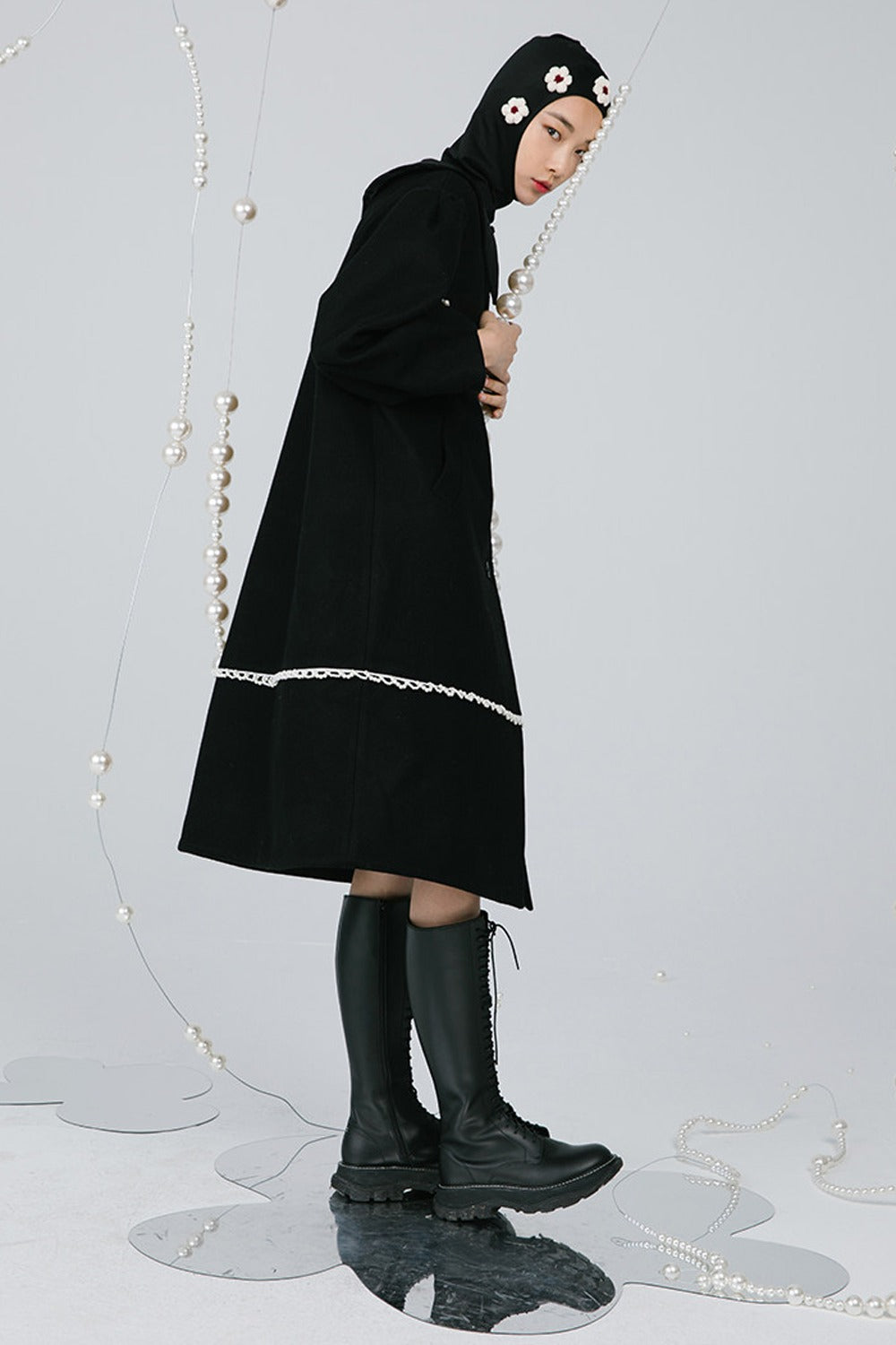 Black Pearl Lace Wool Coat