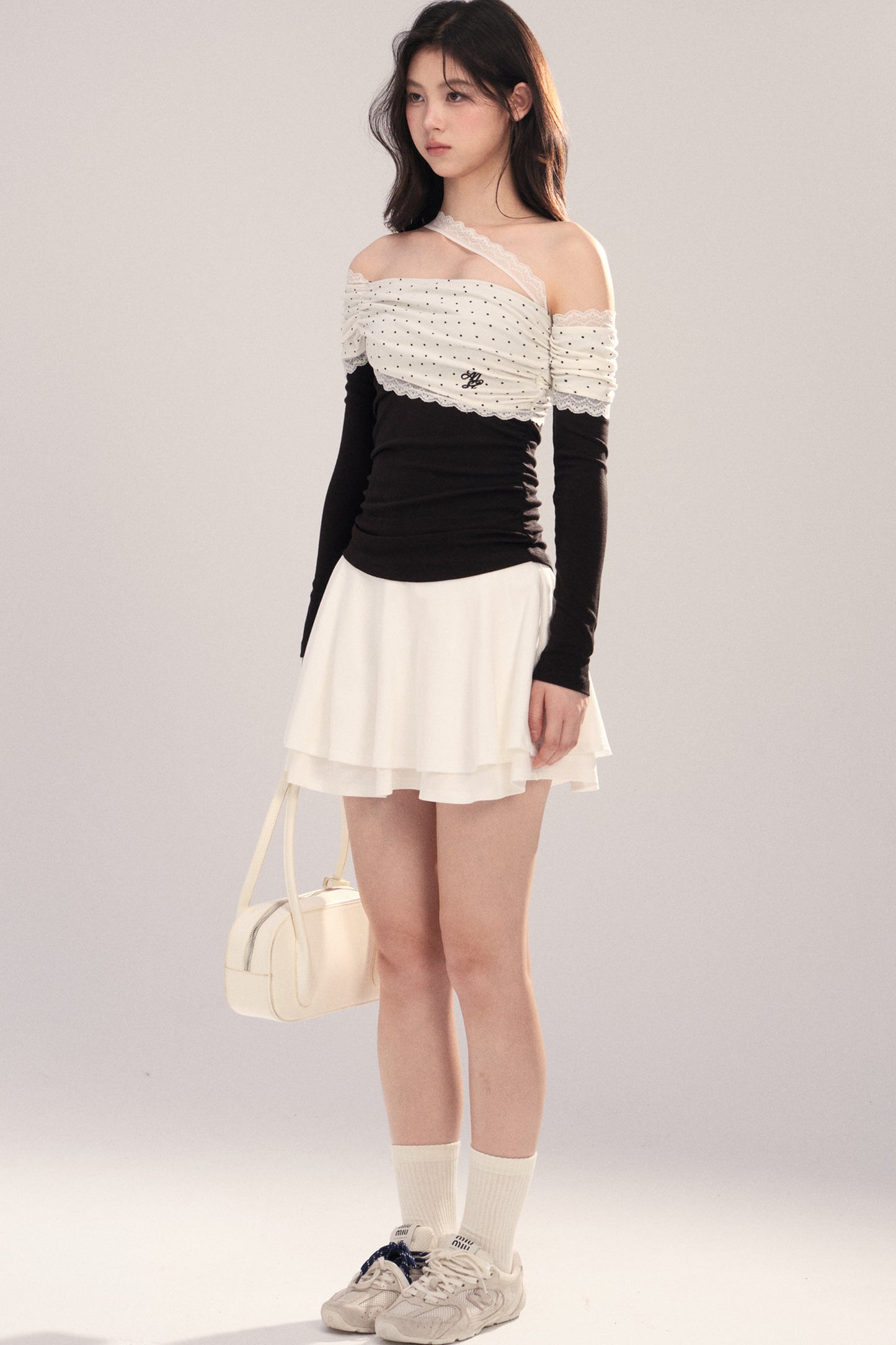 Polka Dot Spliced Lace Off-Shoulder T-Shirt