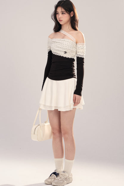 Polka Dot Spliced Lace Off-Shoulder T-Shirt
