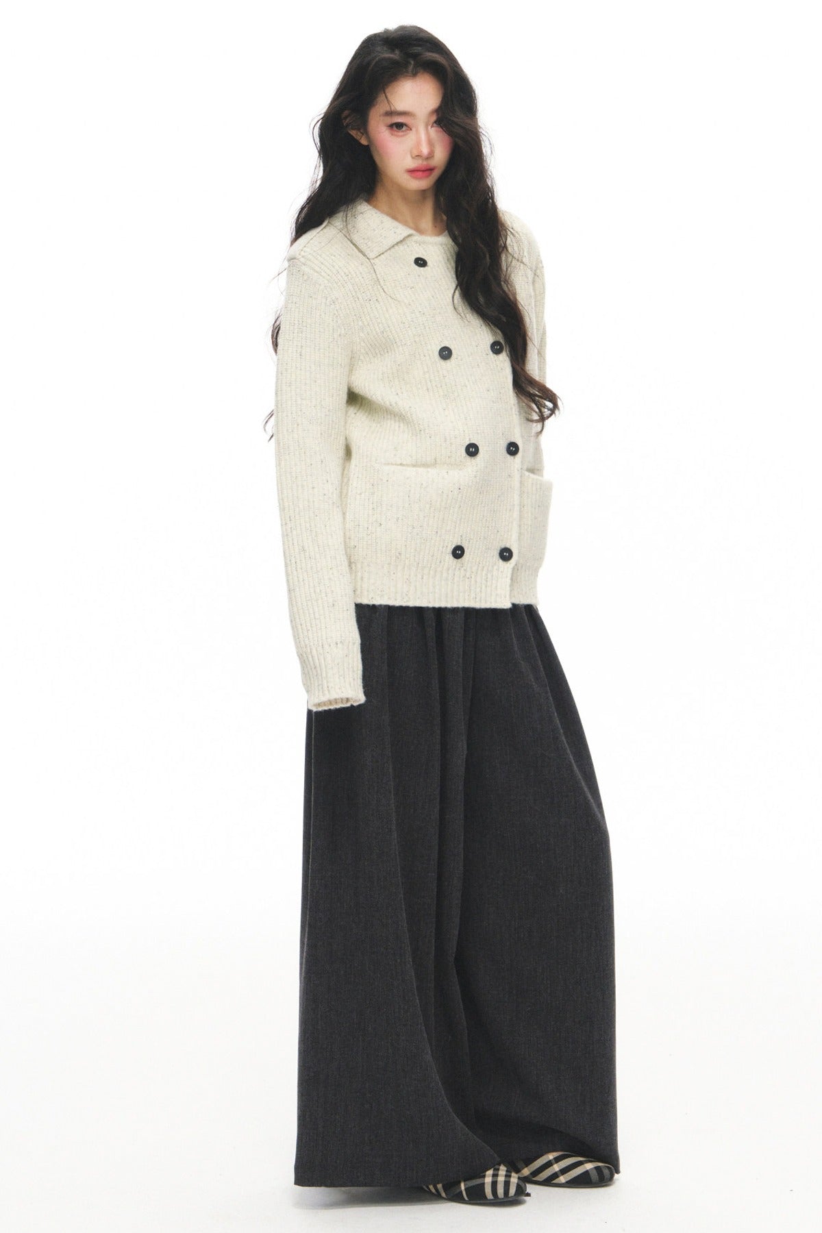 Gray Knit Cardigan With Trousers Set-Up