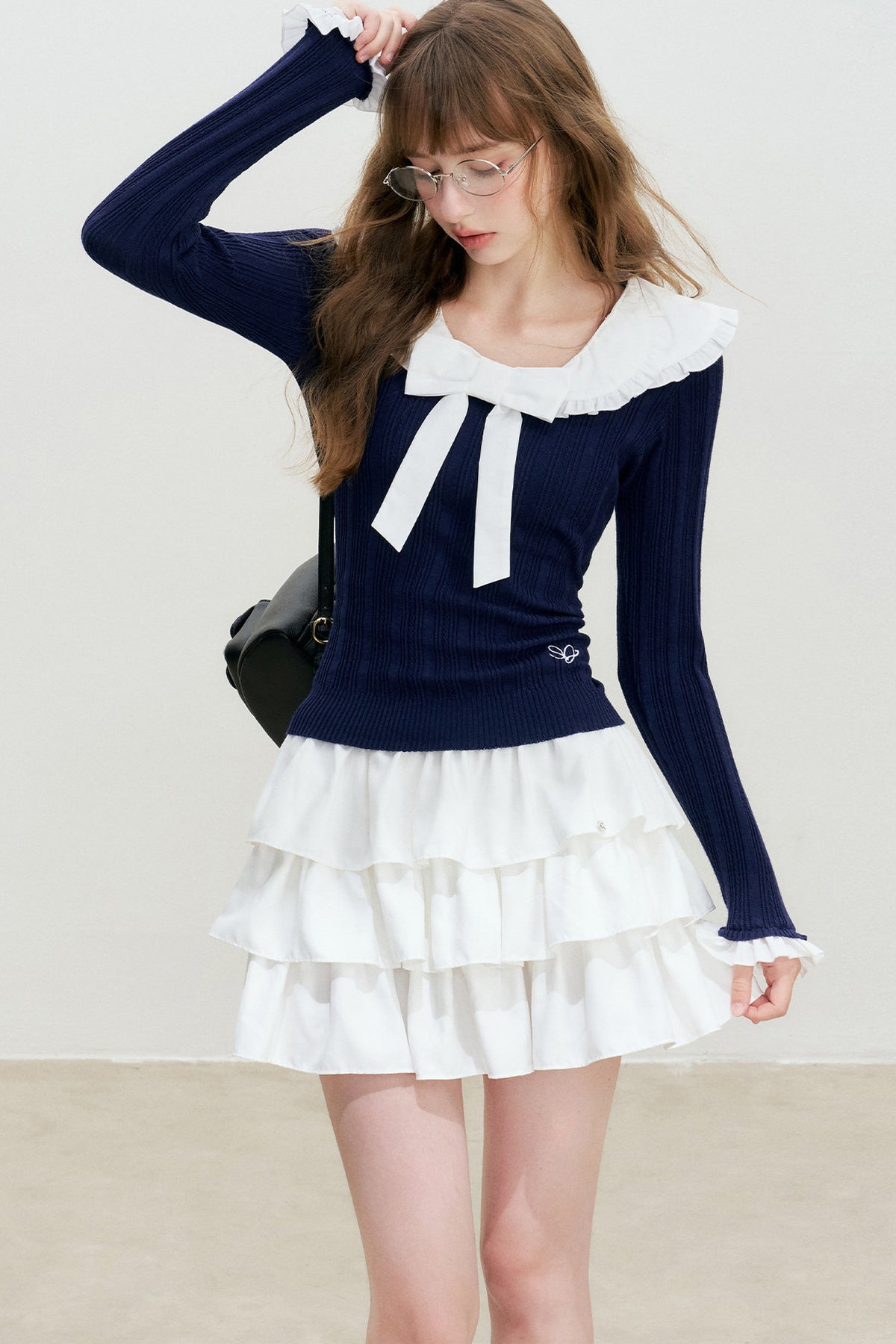 Doll Collar Detachable Bow Knit Top