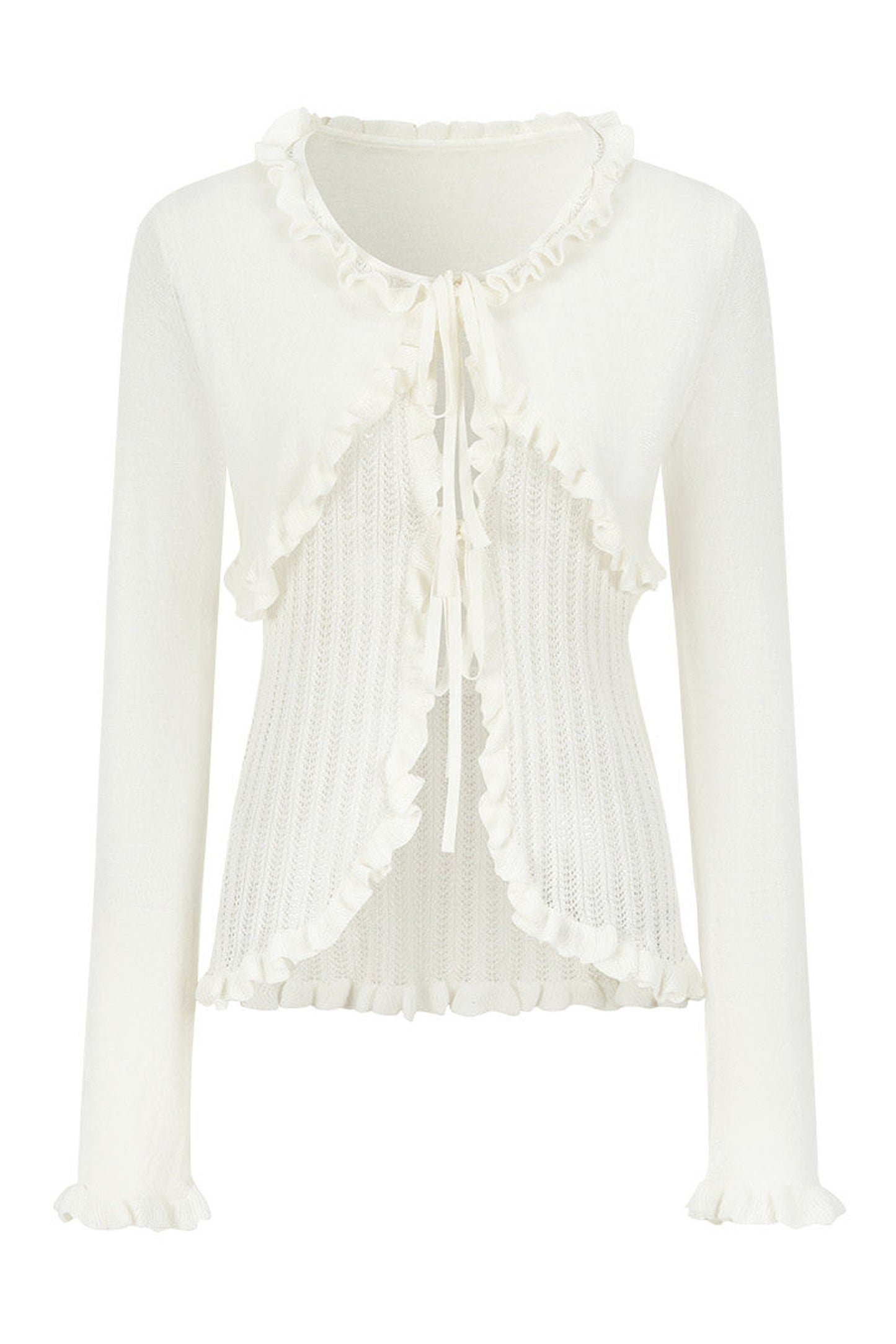 Ruffle Tie Hollow Out Knit Cardigan