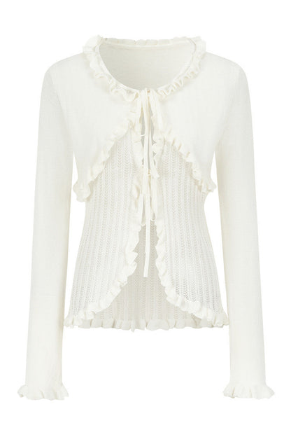 Ruffle Tie Hollow Out Knit Cardigan