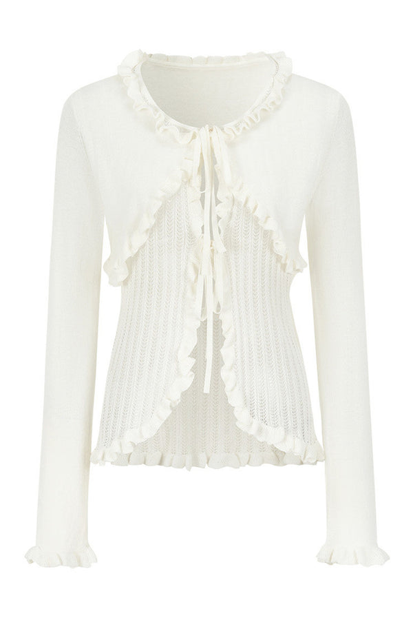 Ruffle Tie Hollow Out Knit Cardigan