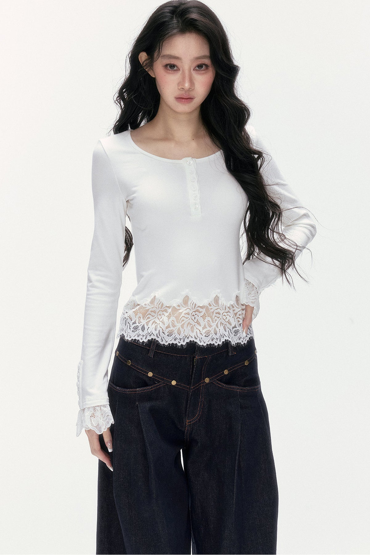 Asymmetrical Lace Henley Long-Sleeved Shirt