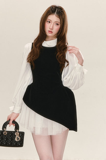 Black Velvet Mesh Overlay Dress and White Shirt Set