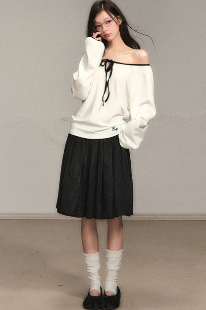 White Off-Shoulder Long Sleeve Top and Polka Skirt Set-Up