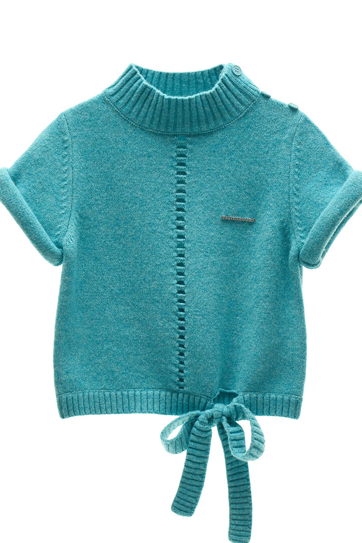 Stand-Up Collar Rolled-Sleeve Tie-Up Knit Sweater