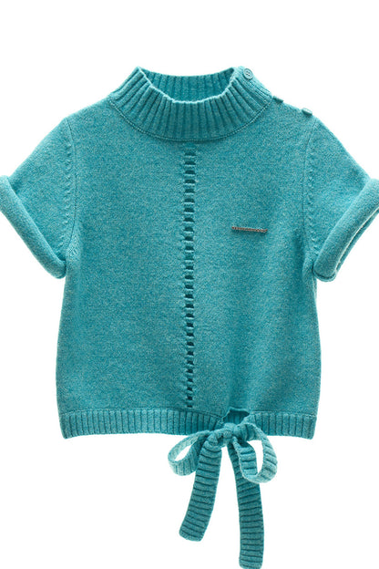 Stand-Up Collar Rolled-Sleeve Tie-Up Knit Sweater