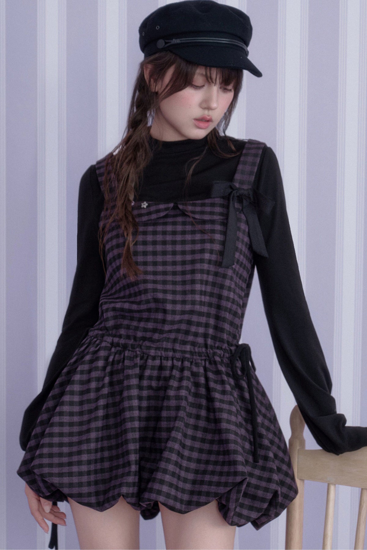 Layered-Look Plaid Long Sleeve Dress