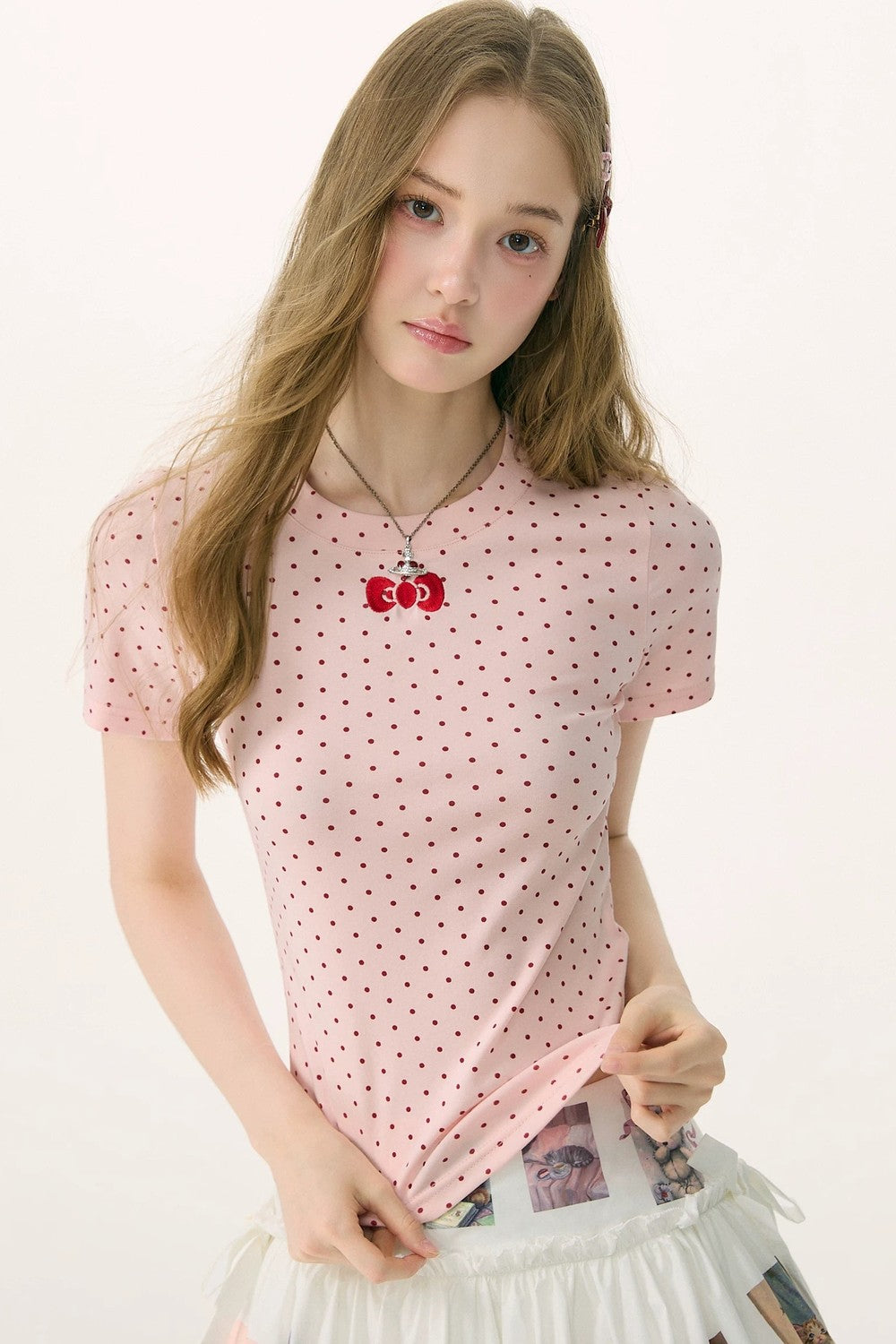 Pink Polka Dot Bow Blouse